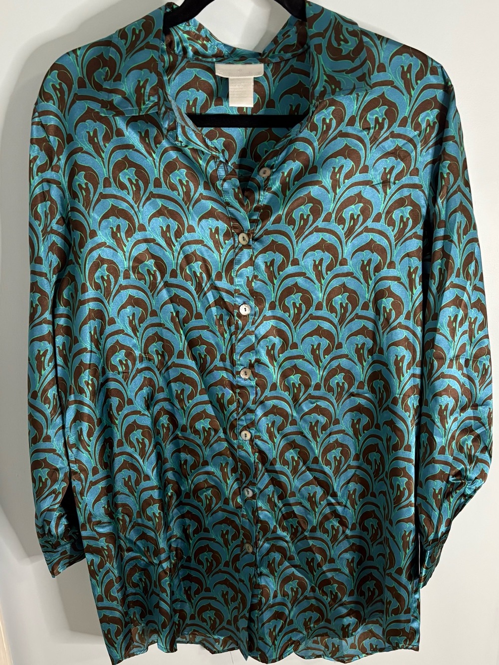 Women’s Teal and Brown Patterned Button-Up Shirt